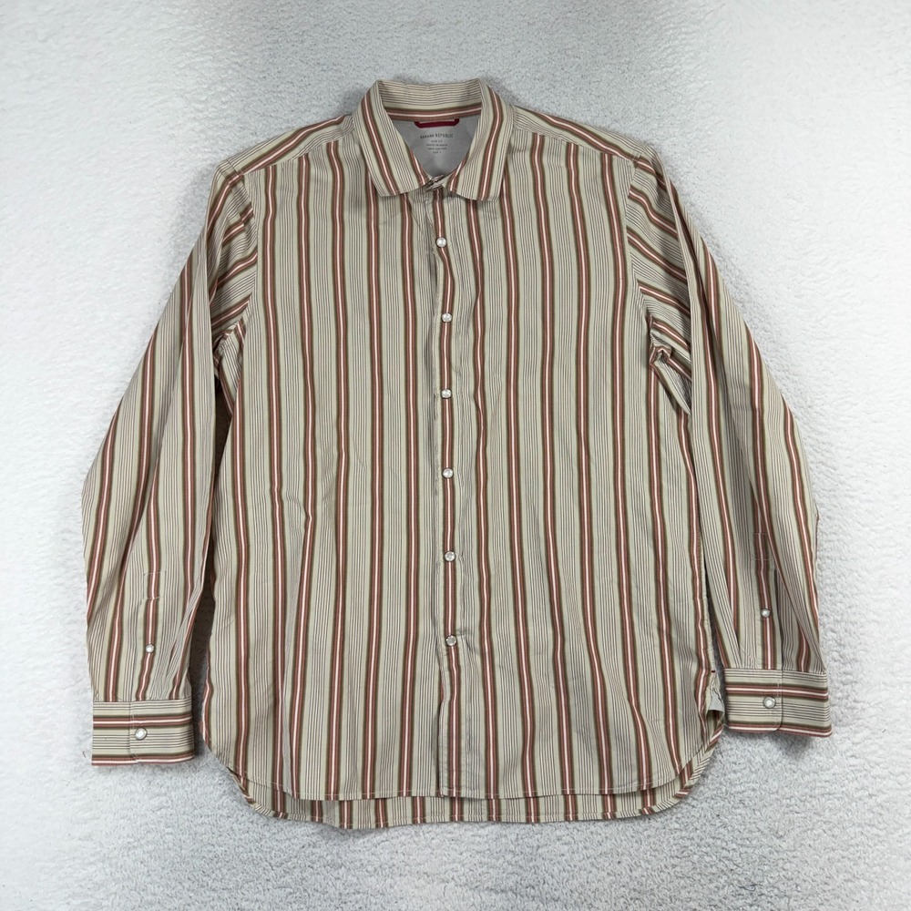 Banana Republic Pearl Snap Large Dress Shirt Striped Slim Fit Mens Long Sleeve